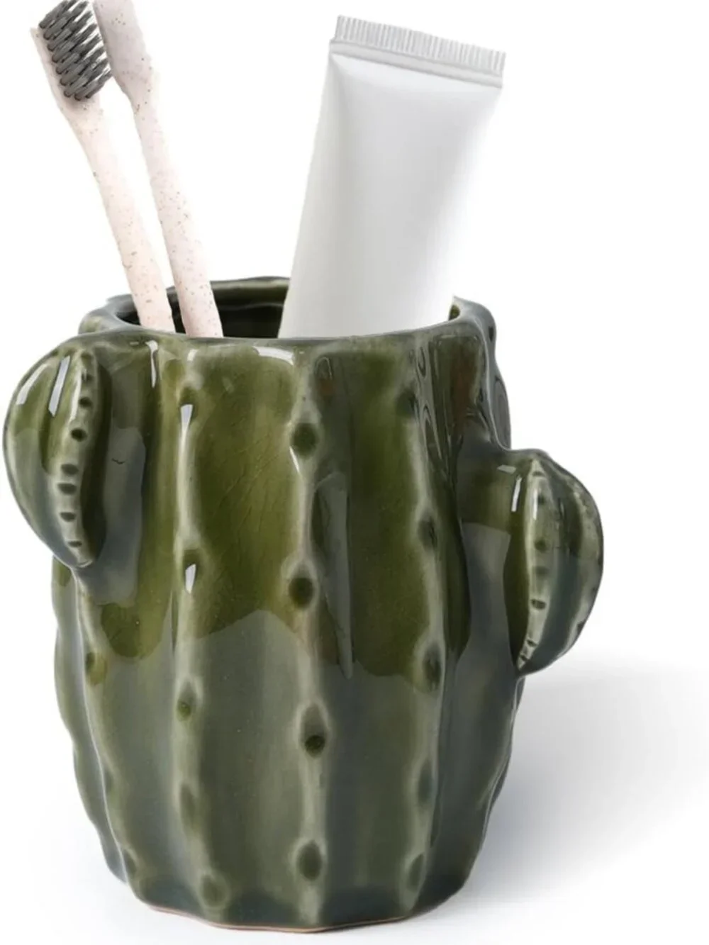 Green Ceramic Cactus Toothbrush Holder - Fun Western Bathroom Decor Accent